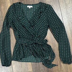 Max Studio hunter dark green Patterned faux Wrap v neck tie waist Blouse XS